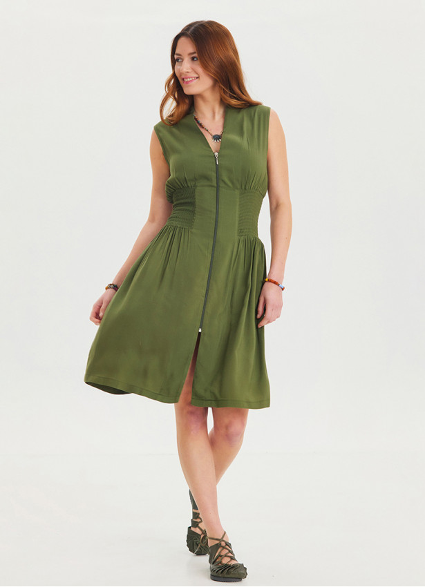 Khaki Summer Dress with Stand Collar and Zipper Detail 4440